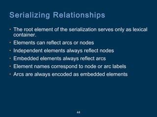 44
Serializing Relationships
• The root element of the serialization serves only as lexical
container.
• Elements can reflect arcs or nodes
• Independent elements always reflect nodes
• Embedded elements always reflect arcs
• Element names correspond to node or arc labels
• Arcs are always encoded as embedded elements
 