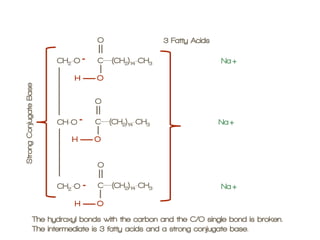 O
-

H

Na +

O

C___(CH2)14-CH3

Na +

O

CH-O

-

H

O
C___(CH2)14-CH3

Na +

O

CH2-O

-

Strong Conjugate Base

C___(CH2)14-CH3
O

CH2-O

3 Fatty Acids

H

The hydroxyl bonds with the carbon and the C/O single bond is broken.
The intermediate is 3 fatty acids and a strong conjugate base.

 