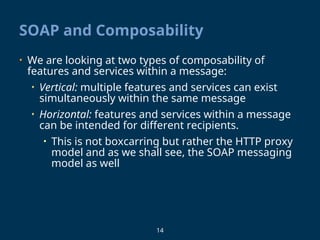 14
SOAP and Composability
• We are looking at two types of composability of
features and services within a message:
• Vertical: multiple features and services can exist
simultaneously within the same message
• Horizontal: features and services within a message
can be intended for different recipients.
• This is not boxcarring but rather the HTTP proxy
model and as we shall see, the SOAP messaging
model as well
 