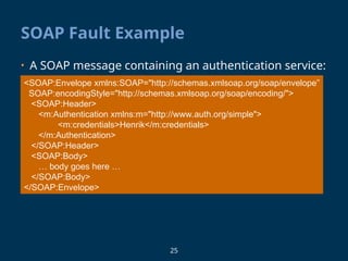 25
SOAP Fault Example
• A SOAP message containing an authentication service:
<SOAP:Envelope xmlns:SOAP="http://schemas.xmlsoap.org/soap/envelope”
SOAP:encodingStyle="http://schemas.xmlsoap.org/soap/encoding/">
<SOAP:Header>
<m:Authentication xmlns:m="http://www.auth.org/simple">
<m:credentials>Henrik</m:credentials>
</m:Authentication>
</SOAP:Header>
<SOAP:Body>
… body goes here …
</SOAP:Body>
</SOAP:Envelope>
 