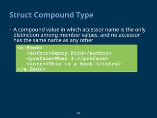 41
Struct Compound Type
• A compound value in which accessor name is the only
distinction among member values, and no accessor
has the same name as any other
<e:Book>
<author>Henry Ford</author>
<preface>When I…</preface>
<intro>This is a book.</intro>
</e:Book>
 