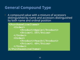 43
General Compound Type
• A compound value with a mixture of accessors
distinguished by name and accessors distinguished
by both name and ordinal position
<PurchaseLineItems>
<Order>
<Product>Apple</Product>
<Price>1.56</Price>
</Order>
<Order>
<Product>Peach</Product>
<Price>1.48</Price>
</Order>
</PurchaseLineItems>
 