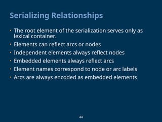44
Serializing Relationships
• The root element of the serialization serves only as
lexical container.
• Elements can reflect arcs or nodes
• Independent elements always reflect nodes
• Embedded elements always reflect arcs
• Element names correspond to node or arc labels
• Arcs are always encoded as embedded elements
 