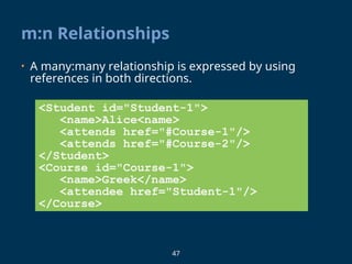 47
m:n Relationships
• A many:many relationship is expressed by using
references in both directions.
<Student id="Student-1">
<name>Alice<name>
<attends href="#Course-1"/>
<attends href="#Course-2"/>
</Student>
<Course id="Course-1">
<name>Greek</name>
<attendee href="Student-1"/>
</Course>
 