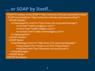 6
… or SOAP by Itself…
<SOAP:Envelope xmlns:SOAP="http://schemas.xmlsoap.org/soap/envelope”
SOAP:encodingStyle="http://schemas.xmlsoap.org/soap/encoding/">
<SOAP:Header>
<m:MessageInfo xmlns:m="http://www.info.org/soap/message">
<m:to href="mailto:you@your.com"/>
<m:from href="mailto:me@my.com"/>
<m:contact href="mailto:someone@my.com">
</m:MessageInfo>
</SOAP:Header>
<SOAP:Body>
<msg:Message xmlns:m="http://www.info.org/soap/message">
<msg:subject>Your house is on fire!</msg:subject>
<msg:feed href="ram://livenews.com/yourhouse"/>
</msg:Message>
</SOAP:Body>
</SOAP:Envelope>
 