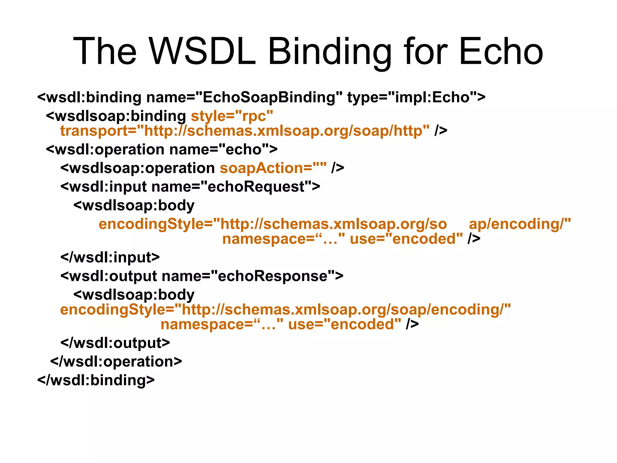 The WSDL Binding for Echo
<wsdl:binding name="EchoSoapBinding" type="impl:Echo">
<wsdlsoap:binding style="rpc"
transport="http://schemas.xmlsoap.org/soap/http" />
<wsdl:operation name="echo">
<wsdlsoap:operation soapAction="" />
<wsdl:input name="echoRequest">
<wsdlsoap:body
encodingStyle="http://schemas.xmlsoap.org/so ap/encoding/"
namespace=“…" use="encoded" />
</wsdl:input>
<wsdl:output name="echoResponse">
<wsdlsoap:body
encodingStyle="http://schemas.xmlsoap.org/soap/encoding/"
namespace=“…" use="encoded" />
</wsdl:output>
</wsdl:operation>
</wsdl:binding>
 