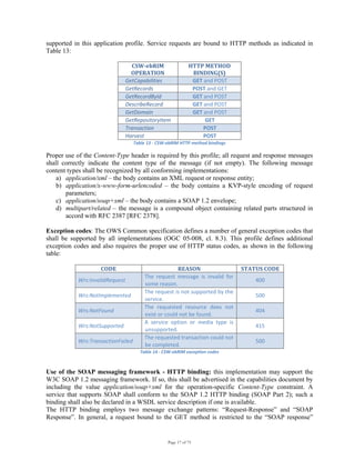 Page 17 of 75
supported in this application profile. Service requests are bound to HTTP methods as indicated in
Table 13:
CSW­ebRIM 
OPERATION 
HTTP METHOD 
BINDING(S) 
GetCapabilities   GET and POST 
GetRecords   POST and GET 
GetRecordById   GET and POST 
DescribeRecord   GET and POST 
GetDomain   GET and POST 
GetRepositoryItem   GET 
Transaction   POST 
Harvest  POST 
Table 13 ‐ CSW‐ebRIM HTTP method bindings 
Proper use of the Content-Type header is required by this profile; all request and response messages
shall correctly indicate the content type of the message (if not empty). The following message
content types shall be recognized by all conforming implementations:
a) application/xml – the body contains an XML request or response entity;
b) application/x-www-form-urlencoded – the body contains a KVP-style encoding of request
parameters;
c) application/soap+xml – the body contains a SOAP 1.2 envelope;
d) multipart/related – the message is a compound object containing related parts structured in
accord with RFC 2387 [RFC 2378].
Exception codes: The OWS Common specification defines a number of general exception codes that
shall be supported by all implementations (OGC 05-008, cl. 8.3). This profile defines additional
exception codes and also requires the proper use of HTTP status codes, as shown in the following
table:
CODE  REASON  STATUS CODE 
Wrs:InvalidRequest  
The  request  message  is  invalid  for 
some reason.  
400 
Wrs:NotImplemented  
The request is not supported by the 
service.  
500 
Wrs:NotFound  
The  requested  resource  does  not 
exist or could not be found.  
404 
Wrs:NotSupported  
A  service  option  or  media  type  is 
unsupported.  
415 
Wrs:TransactionFailed  
The requested transaction could not 
be completed.  
500 
Table 14 ‐ CSW‐ebRIM exception codes 
Use of the SOAP messaging framework - HTTP binding: this implementation may support the
W3C SOAP 1.2 messaging framework. If so, this shall be advertised in the capabilities document by
including the value application/soap+xml for the operation-specific Content-Type constraint. A
service that supports SOAP shall conform to the SOAP 1.2 HTTP binding (SOAP Part 2); such a
binding shall also be declared in a WSDL service description if one is available.
The HTTP binding employs two message exchange patterns: “Request-Response” and “SOAP
Response”. In general, a request bound to the GET method is restricted to the “SOAP response”
 