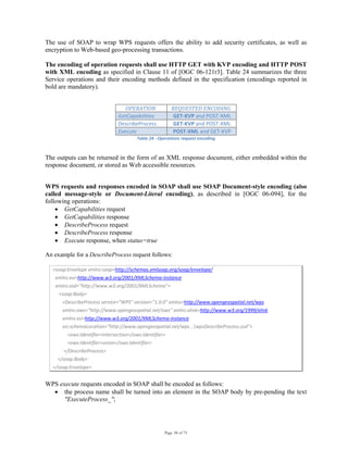 Page 38 of 75
The use of SOAP to wrap WPS requests offers the ability to add security certificates, as well as
encryption to Web-based geo-processing transactions.
The encoding of operation requests shall use HTTP GET with KVP encoding and HTTP POST
with XML encoding as specified in Clause 11 of [OGC 06-121r3]. Table 24 summarizes the three
Service operations and their encoding methods defined in the specification (encodings reported in
bold are mandatory).
OPERATION  REQUESTED ENCODING 
GetCapabilities  GET‐KVP and POST‐XML 
DescribeProcess  GET‐KVP and POST‐XML 
Execute  POST‐XML and GET‐KVP 
Table 24 ‐ Operations request encoding 
The outputs can be returned in the form of an XML response document, either embedded within the
response document, or stored as Web accessible resources.
WPS requests and responses encoded in SOAP shall use SOAP Document-style encoding (also
called message-style or Document-Literal encoding), as described in [OGC 06-094], for the
following operations:
• GetCapabilities request
• GetCapabilities response
• DescribeProcess request
• DescribeProcess response
• Execute response, when status=true
An example for a DescribeProcess request follows:
<soap:Envelope xmlns:soap=http://schemas.xmlsoap.org/soap/envelope/ 
  xmlns:xsi=http://www.w3.org/2001/XMLSchema‐instance 
  xmlns:xsd="http://www.w3.org/2001/XMLSchema"> 
     <soap:Body> 
        <DescribeProcess service="WPS" version="1.0.0" xmlns=http://www.opengeospatial.net/wps 
        xmlns:ows="http://www.opengeospatial.net/ows" xmlns:xlink=http://www.w3.org/1999/xlink 
        xmlns:xsi=http://www.w3.org/2001/XMLSchema‐instance 
        xsi:schemaLocation="http://www.opengeospatial.net/wps ..wpsDescribeProcess.xsd"> 
            <ows:Identifier>intersection</ows:Identifier>  
            <ows:Identifier>union</ows:Identifier> 
         </DescribeProcess>  
    </soap:Body> 
</soap:Envelope> 
WPS execute requests encoded in SOAP shall be encoded as follows:
• the process name shall be turned into an element in the SOAP body by pre-pending the text
"ExecuteProcess_";
 