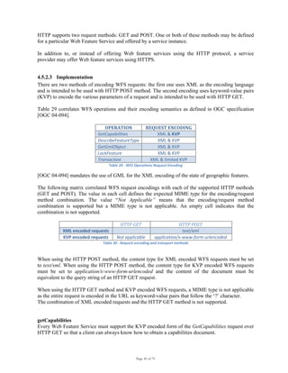 Page 45 of 75
HTTP supports two request methods: GET and POST. One or both of these methods may be defined
for a particular Web Feature Service and offered by a service instance.
In addition to, or instead of offering Web feature services using the HTTP protocol, a service
provider may offer Web feature services using HTTPS.
4.5.2.3 Implementation
There are two methods of encoding WFS requests: the first one uses XML as the encoding language
and is intended to be used with HTTP POST method. The second encoding uses keyword-value pairs
(KVP) to encode the various parameters of a request and is intended to be used with HTTP GET.
Table 29 correlates WFS operations and their encoding semantics as defined in OGC specification
[OGC 04-094].
 
OPERATION  REQUEST ENCODING 
GetCapabilities  XML & KVP 
DescribeFeatureType XML & KVP 
GetGmlObject  XML & KVP 
LockFeature  XML & KVP 
Transaction  XML & limited KVP 
Table 29 ‐ WFS Operations Request Encoding 
[OGC 04-094] mandates the use of GML for the XML encoding of the state of geographic features.
The following matrix correlated WFS request encodings with each of the supported HTTP methods
(GET and POST). The value in each cell defines the expected MIME type for the encoding/request
method combination. The value “Not Applicable” means that the encoding/request method
combination is supported but a MIME type is not applicable. An empty cell indicates that the
combination is not supported.
  HTTP GET  HTTP POST 
XML encoded requests    text/xml 
KVP encoded requests  Not applicable  application/x‐www‐form‐urlencoded 
Table 30 ‐ Request encoding and transport methods 
When using the HTTP POST method, the content type for XML encoded WFS requests must be set
to text/xml. When using the HTTP POST method, the content type for KVP encoded WFS requests
must be set to application/x-www-form-urlencoded and the content of the document must be
equivalent to the query string of an HTTP GET request.
When using the HTTP GET method and KVP encoded WFS requests, a MIME type is not applicable
as the entire request is encoded in the URL as keyword-value pairs that follow the ‘?’ character.
The combination of XML encoded requests and the HTTP GET method is not supported.
getCapabilities
Every Web Feature Service must support the KVP encoded form of the GetCapabilities request over
HTTP GET so that a client can always know how to obtain a capabilities document.
 