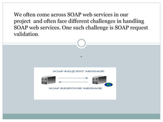 .
We often come across SOAP web services in our
project and often face different challenges in handling
SOAP web services. One such challenge is SOAP request
validation.
 