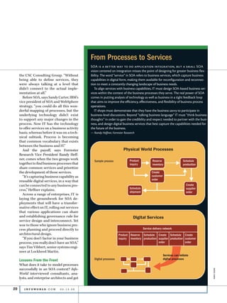 From Processes to Services
                                                 SOA is a better way to do application integration, but a small SOA
                                                 vision centered on integration misses the point of designing for greater business flex-
     the CSC Consulting Group. “Without          ibility. The word “service” in SOA refers to business services, which capture business
     being able to define services, they         capabilities in digital form, making them available for reconfiguration and reconnec-
     were always talking at a level that         tion to meet a constantly changing landscape of business needs.
     didn’t connect to the actual imple-            To align services with business capabilities, IT must design SOA-based business ser-
     mentation at all.”                          vices within the context of the business processes they serve. The real power of SOA
       Before SOA, says Sandy Carter, IBM’s      comes in putting analysis of technology as well as business in a tight feedback loop
     vice president of SOA and WebSphere         that aims to improve the efficiency, effectiveness, and flexibility of business process
     strategy, “you could do all this won-       operations.
     derful mapping of processes, but the           IT shops must demonstrate that they have the business savvy to participate in
     underlying technology didn’t exist          business-level discussions. Beyond “talking business language” IT must “think business
     to support any major changes in the         thoughts” in order to gain the credibility and respect needed to partner with the busi-
     process. Now IT has the technology          ness, and design digital business services that best capture the capabilities needed for
     to offer services on a business activity    the future of the business.
     basis, whereas before it was on a tech-     — Randy Heffner, Forrester Research
     nical subtask. Process is becoming
     that common vocabulary that exists
     between the business and IT.”
       And the payoff, says Forrester                                      Physical World Processes
     Research Vice President Randy Heff-
     ner, comes when the two groups work                                        Product            Reserve                   Schedule
                                                   Sample process
     together to find business processes that                                   inquiry            inventory                 production
     share common services and prioritize
     the development of those services.                                                           Create
       “It’s capturing business capability as                                                     customer
                                                                                                  order
     reusable digital services, in a way that
     can be connected to any business pro-                                                                                      Create
                                                                                Schedule                                        supplier
     cess,” Heffner explains.
                                                                                shipment                                        order
       Across a range of enterprises, IT is
     laying the groundwork for SOA de-
     ployments that will have a transfor-
     mative effect on IT, rolling out services
     that various applications can share
     and establishing governance rule for                                          Digital Services
     service design and interconnect. Yet
     woe to those who ignore business pro-
     cess planning and proceed directly to                                                 Service delivery network
     architectural design.                                             Product Reserve Schedule Create Schedule Create
       “If you don’t factor in your business                           inquiry inventory production supplier production customer
     process, you really don’t have an SOA,”                                                        order               order
     says Tim Vibbert, senior systems engi-
     neer at Lockheed Martin.
                                                                                                             Services can initiate
     Lessons From the Front                        Digital processes                                         digital processes
     What does it take to model processes
     successfully in an SOA context? Info-
                                                                                                                                            NaNcy suess




     World interviewed consultants, ana-
     lysts, and enterprise architects and got

20      I N F OWO R L D . C O M 	   03.13.06
 