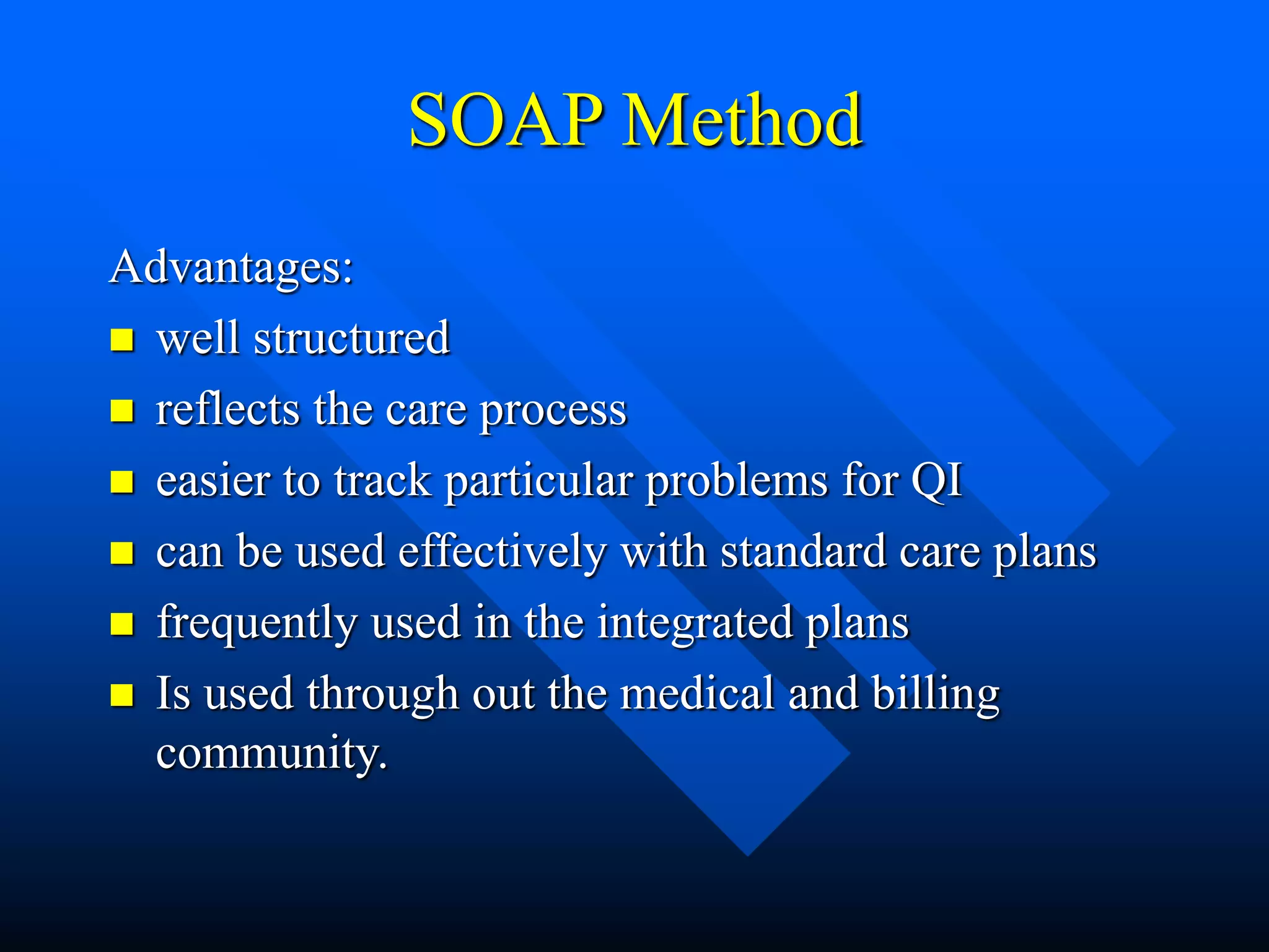 SOAP Method
Advantages:
 well structured
 reflects the care process
 easier to track particular problems for QI
 can be used effectively with standard care plans
 frequently used in the integrated plans
 Is used through out the medical and billing
community.
 