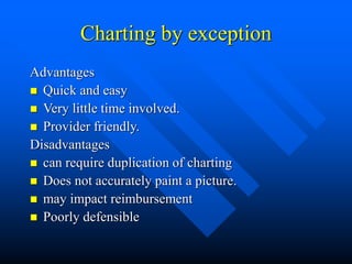 Charting by exception
Advantages
 Quick and easy
 Very little time involved.
 Provider friendly.
Disadvantages
 can require duplication of charting
 Does not accurately paint a picture.
 may impact reimbursement
 Poorly defensible
 