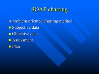 SOAP charting
A problem oriented charting method
 Subjective data
 Objective data
 Assessment
 Plan
 