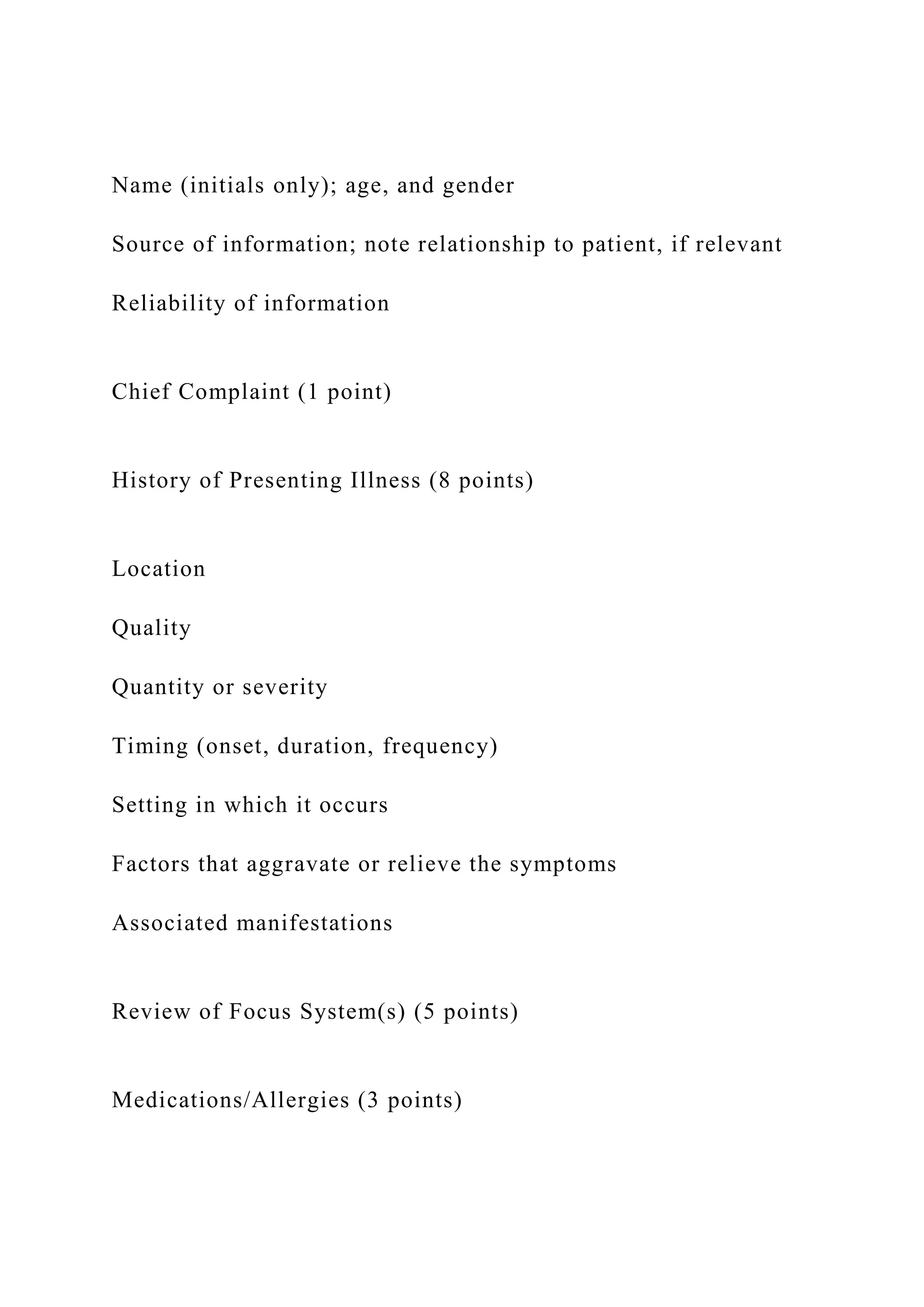 Name (initials only); age, and gender
Source of information; note relationship to patient, if relevant
Reliability of information
Chief Complaint (1 point)
History of Presenting Illness (8 points)
Location
Quality
Quantity or severity
Timing (onset, duration, frequency)
Setting in which it occurs
Factors that aggravate or relieve the symptoms
Associated manifestations
Review of Focus System(s) (5 points)
Medications/Allergies (3 points)
 