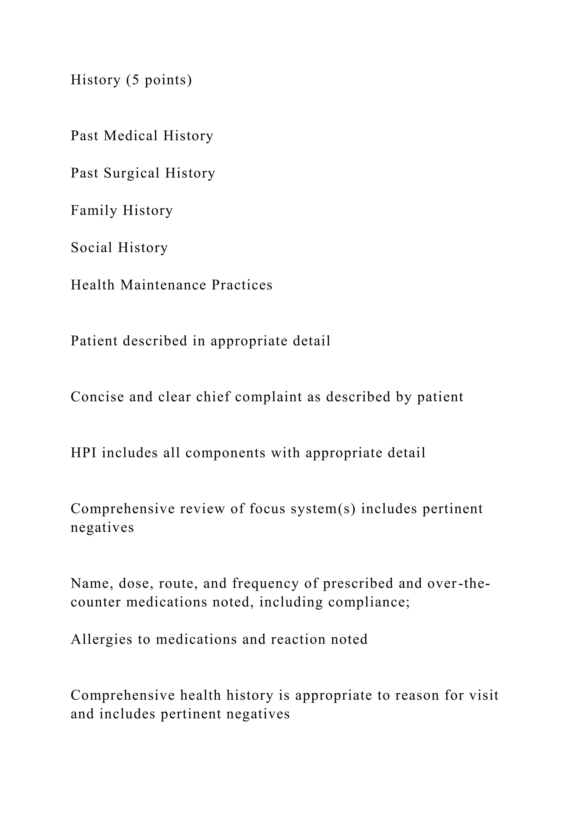 History (5 points)
Past Medical History
Past Surgical History
Family History
Social History
Health Maintenance Practices
Patient described in appropriate detail
Concise and clear chief complaint as described by patient
HPI includes all components with appropriate detail
Comprehensive review of focus system(s) includes pertinent
negatives
Name, dose, route, and frequency of prescribed and over-the-
counter medications noted, including compliance;
Allergies to medications and reaction noted
Comprehensive health history is appropriate to reason for visit
and includes pertinent negatives
 