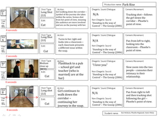 Girl walking down the corridor –
symbol of the journey she takes
within the series. Scenes shot
from her point of view, meaning
the audience are more involved
and are on the journey with her.
Turns to her right and
looks into a classroom –
each classroom presents
a different issue within
the soap.
Flashback to a pub
– school girl and
teacher (who is
married) are at the
bar)
Girl continues to
walk down the
corridor –
continuing her
journey in the soap.
Tracking shot – follows
the girl down the
corridor – Phoebe’s
point of view.
Pan from left to right,
looking into the
classroom – Phoebe’s
point of view.
Slow zoom into the two
people – connotes their
intimacy in their
relationship.
Pan from right to left
and then tracking shot
following the girl –
Phoebe’s point of view.
Long Shot
(LS)
Long Shot
(LS)
Cut
Cut
Cut
Cut
Medium
close up
(MCU)
Long shot
(LS)
6
7
8
5
EL
EL
EL
EL
4 seconds
2 seconds
4 seconds
4 seconds
Zoe Hickson, Phoebe Regnault, Claire Olney
N/A
N/A
N/A
“I love you”
Park Rise
‘Standing in the way of
Control’ – The Gossip (2006)
‘Standing in the way of
Control’ – The Gossip (2006)
‘Standing in the way of
Control’ – The Gossip (2006)
‘Standing in the way of
Control’ – The Gossip (2006)
 