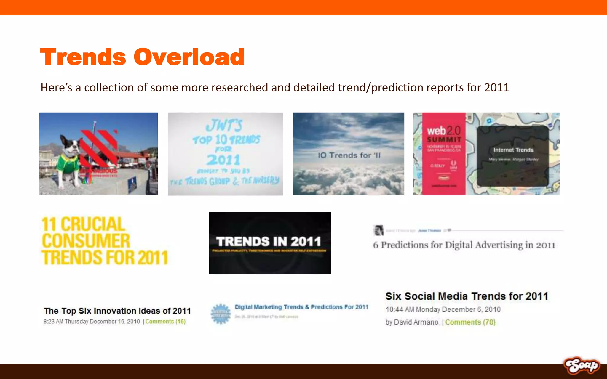 9Microsites are back!After taking a beating in 2010, microsites will rise from the ashes as... Facebook tabs!But we’ll all realize just because it’s on a social network doesn’t make it more social.   So…We’ll see a return to more “social microsites” as we realize the microsite wasn’t the problem, it’s what you did with them.