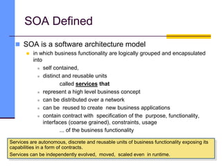 SOA Defined
 SOA is a software architecture model
 in which business functionality are logically grouped and encapsulated
into
 self contained,
 distinct and reusable units
called services that
 represent a high level business concept
 can be distributed over a network
 can be reused to create new business applications
 contain contract with specification of the purpose, functionality,
interfaces (coarse grained), constraints, usage
... of the business functionality
Services are autonomous, discrete and reusable units of business functionality exposing its
capabilities in a form of contracts.
Services can be independently evolved, moved, scaled even in runtime.
 