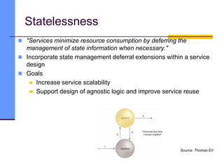 Statelessness
 "Services minimize resource consumption by deferring the
management of state information when necessary."
 Incorporate state management deferral extensions within a service
design
 Goals
 Increase service scalability
 Support design of agnostic logic and improve service reuse
Source: Thomas Erl
 