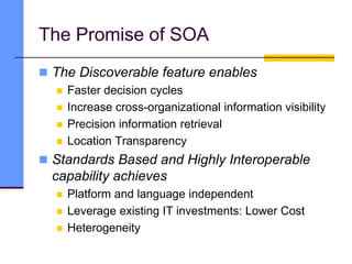 The Promise of SOA
 The Discoverable feature enables
 Faster decision cycles
 Increase cross-organizational information visibility
 Precision information retrieval
 Location Transparency
 Standards Based and Highly Interoperable
capability achieves
 Platform and language independent
 Leverage existing IT investments: Lower Cost
 Heterogeneity
 