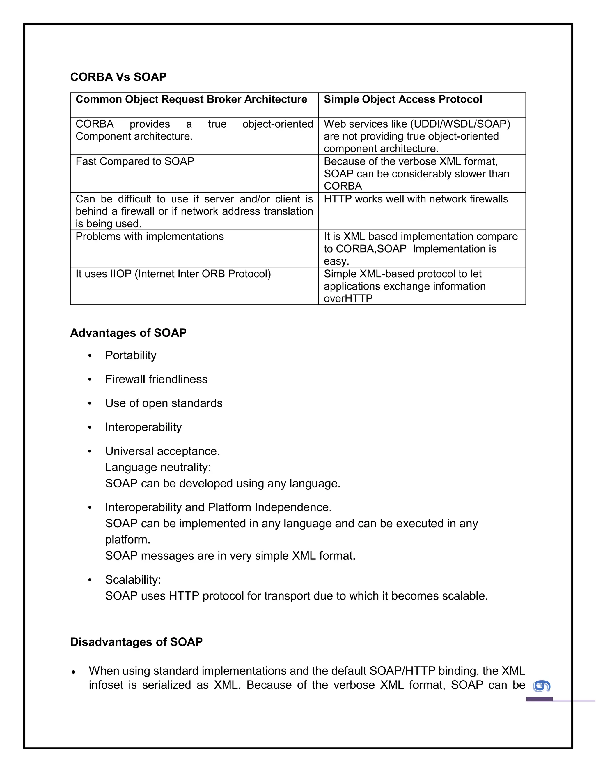 CORBA Vs SOAP
Common Object Request Broker Architecture
CORBA provides a
Component architecture.

Simple Object Access Protocol

true

object-oriented Web services like (UDDI/WSDL/SOAP)
are not providing true object-oriented
component architecture.
Fast Compared to SOAP
Because of the verbose XML format,
SOAP can be considerably slower than
CORBA
Can be difficult to use if server and/or client is HTTP works well with network firewalls
behind a firewall or if network address translation
is being used.
Problems with implementations
It is XML based implementation compare
to CORBA,SOAP Implementation is
easy.
It uses IIOP (Internet Inter ORB Protocol)
Simple XML-based protocol to let
applications exchange information
overHTTP

Advantages of SOAP
•

Portability

•

Firewall friendliness

•

Use of open standards

•

Interoperability

•

Universal acceptance.
Language neutrality:
SOAP can be developed using any language.

•

Interoperability and Platform Independence.
SOAP can be implemented in any language and can be executed in any
platform.
SOAP messages are in very simple XML format.

•

Scalability:
SOAP uses HTTP protocol for transport due to which it becomes scalable.

Disadvantages of SOAP


When using standard implementations and the default SOAP/HTTP binding, the XML
infoset is serialized as XML. Because of the verbose XML format, SOAP can be

 