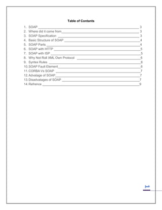 Table of Contants
1. SOAP _________________________________________________________ 3
2. Where did it come from____________________________________________ 3
3. SOAP Specification ______________________________________________ 3
4. Basic Structure of SOAP ___________________________________________4
5. SOAP Parts _____________________________________________________4
6. SOAP with HTTP _________________________________________________5
7. SOAP with ISP ___________________________________________________5
8. Why Not Roll XML Own Protocol ____________________________________6
9. Syntex Rules ____________________________________________________6
10. SOAP Fault Element_______________________________________________6
11. CORBA Vs SOAP ________________________________________________7
12. Advatage of SOAP________________________________________________7
13. Disadvatages of SOAP ____________________________________________7
14. Refrence _______________________________________________________9

 