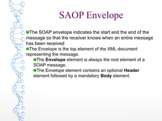 SAOP Envelope
The SOAP envelope indicates the start and the end of the
message so that the receiver knows when an entire message
has been received
The Envelope is the top element of the XML document
representing the message.
The Envelope element is always the root element of a
SOAP message.
The Envelope element contains an optional Header
element followed by a mandatory Body element.
 