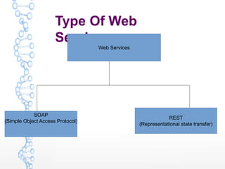 SOAP
(Simple Object Access Protocol)
REST
(Representational state transfer)
Type Of Web
Service
Web Services
 