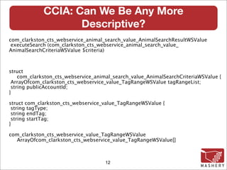 CCIA: Can We Be Any More
                    Descriptive?
com_clarkston_cts_webservice_animal_search_value_AnimalSearchResultWSValue
 executeSearch (com_clarkston_cts_webservice_animal_search_value_
AnimalSearchCriteriaWSValue $criteria)‫‏‬



struct
    com_clarkston_cts_webservice_animal_search_value_AnimalSearchCriteriaWSValue {
 ArrayOfcom_clarkston_cts_webservice_value_TagRangeWSValue tagRangeList;
 string publicAccountId;
}

struct com_clarkston_cts_webservice_value_TagRangeWSValue {
 string tagType;
 string endTag;
 string startTag;
}

com_clarkston_cts_webservice_value_TagRangeWSValue
  ArrayOfcom_clarkston_cts_webservice_value_TagRangeWSValue[]



                                     12
 
