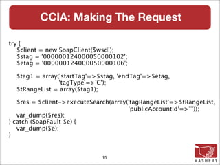 CCIA: Making The Request

try {
   $client = new SoapClient($wsdl);
   $stag = '000000124000050000102';
   $etag = '000000124000050000106';

  $tag1 = array('startTag'=>$stag, 'endTag'=>$etag,
                'tagType'=>'C');
  $tRangeList = array($tag1);

   $res = $client->executeSearch(array('tagRangeList'=>$tRangeList,
                                       'publicAccountId'=>""));
   var_dump($res);
} catch (SoapFault $e) {
   var_dump($e);
}


                              15
 