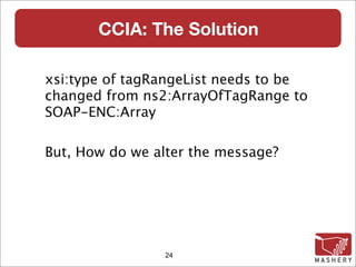 CCIA: The Solution

xsi:type of tagRangeList needs to be
changed from ns2:ArrayOfTagRange to
SOAP-ENC:Array

But, How do we alter the message?




                24
 