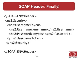 SOAP Header: Finally!

</SOAP-ENV:Header>
<ns2:Security>
 <ns2:UsernameToken>
  <ns2:Username>myname</ns2:Username>
  <ns2:Password>mypass</ns2:Password>
 </ns2:UsernameToken>
 </ns2:Security>

</SOAP-ENV:Header>
                 53
 