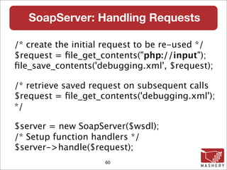 SoapServer: Handling Requests

/* create the initial request to be re-used */
$request = ﬁle_get_contents("php://input");
ﬁle_save_contents('debugging.xml', $request);

/* retrieve saved request on subsequent calls
$request = ﬁle_get_contents('debugging.xml');
*/

$server = new SoapServer($wsdl);
/* Setup function handlers */
$server->handle($request);
                     60
 