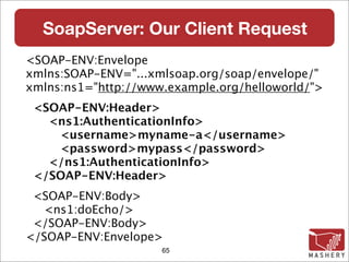 SoapServer: Our Client Request
<SOAP-ENV:Envelope
xmlns:SOAP-ENV="...xmlsoap.org/soap/envelope/"
xmlns:ns1="http://www.example.org/helloworld/">
 <SOAP-ENV:Header>
   <ns1:AuthenticationInfo>
    <username>myname-a</username>
    <password>mypass</password>
   </ns1:AuthenticationInfo>
 </SOAP-ENV:Header>
 <SOAP-ENV:Body>
  <ns1:doEcho/>
 </SOAP-ENV:Body>
</SOAP-ENV:Envelope>
                     65
 