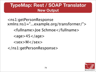 TypeMap: Rest / SOAP Translator
               New Output

<ns1:getPersonResponse
xmlns:ns1="...example.org/transformer/">
  <fullname>Joe Schmoe</fullname>
  <age>45</age>
  <sex>M</sex>
</ns1:getPersonResponse>




                  74
 