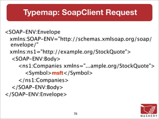 Typemap: SoapClient Request

<SOAP-ENV:Envelope
 xmlns:SOAP-ENV="http://schemas.xmlsoap.org/soap/
  envelope/"
 xmlns:ns1="http://example.org/StockQuote">
  <SOAP-ENV:Body>
    <ns1:Companies xmlns="...ample.org/StockQuote">
       <Symbol>msft</Symbol>
    </ns1:Companies>
  </SOAP-ENV:Body>
</SOAP-ENV:Envelope>


                       76
 