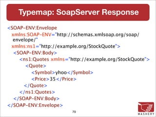 Typemap: SoapServer Response
<SOAP-ENV:Envelope
 xmlns:SOAP-ENV="http://schemas.xmlsoap.org/soap/
  envelope/"
 xmlns:ns1="http://example.org/StockQuote">
  <SOAP-ENV:Body>
    <ns1:Quotes xmlns="http://example.org/StockQuote">
       <Quote>
         <Symbol>yhoo</Symbol>
         <Price>35</Price>
      </Quote>
    </ns1:Quotes>
  </SOAP-ENV:Body>
</SOAP-ENV:Envelope>
                        79
 