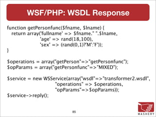 WSF/PHP: WSDL Response
function getPersonfunc($fname, $lname) {
  return array('fullname' => $fname." ".$lname,
               'age' => rand(18,100),
               'sex' => (rand(0,1)?'M':'F'));
}

$operations = array("getPerson"=>"getPersonfunc");
$opParams = array("getPersonfunc"=>"MIXED");

$service = new WSService(array("wsdl"=>"transformer2.wsdl",
                   "operations" => $operations,
                   "opParams"=>$opParams));
$service->reply();


                           85
 