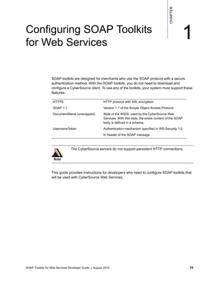 SOAP Toolkits for Web Services Developer Guide | August 2015 10
CHAPTER
1Configuring SOAP Toolkits
for Web Services
SOAP toolkits are designed for merchants who use the SOAP protocol with a secure
authentication method. With the SOAP toolkits, you do not need to download and
configure a CyberSource client. To use any of the toolkits, your system must support these
features:
This guide provides instructions for developers who need to configure SOAP toolkits that
will be used with CyberSource Web Services.
HTTPS HTTP protocol with SSL encryption
SOAP 1.1 Version 1.1 of the Simple Object Access Protocol
Document/literal (unwrapped) Style of the WSDL used by the CyberSource Web
Services. With this style, the entire content of the SOAP
body is defined in a schema.
UsernameToken Authentication mechanism specified in WS-Security 1.0
In header of the SOAP message
Note
The CyberSource servers do not support persistent HTTP connections.
 