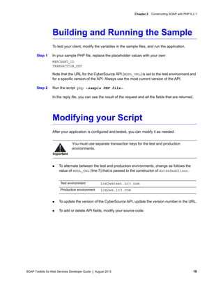 SOAP Toolkits for Web Services Developer Guide | August 2015 19
Chapter 2 Constructing SOAP with PHP 5.2.1
Building and Running the Sample
To test your client, modify the variables in the sample files, and run the application.
Step 1 In your sample PHP file, replace the placeholder values with your own:
MERCHANT_ID
TRANSACTION_KEY
Note that the URL for the CyberSource API (WSDL_URL) is set to the test environment and
for a specific version of the API. Always use the most current version of the API.
Step 2 Run the script php <sample PHP file>.
In the reply file, you can see the result of the request and all the fields that are returned.
Modifying your Script
After your application is configured and tested, you can modify it as needed:
 To alternate between the test and production environments, change as follows the
value of WSDL_URL (line 7) that is passed to the constructor of ExtendedClient:
 To update the version of the CyberSource API, update the version number in the URL.
 To add or delete API fields, modify your source code.
Important
You must use separate transaction keys for the test and production
environments.
Test environment ics2wstest.ic3.com
Production environment ics2ws.ic3.com
 