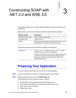SOAP Toolkits for Web Services Developer Guide | August 2015 20
CHAPTER
3Constructing SOAP with
.NET 2.0 and WSE 3.0
This chapter describes how to construct SOAP messages to process transactions with
CyberSource.
Before starting, you need to download and install the required third-party software:
Test the client application with the following CyberSource sample code:
Preparing Your Application
To test the sample code provided, you must have a Console Application.
Step 1 Create a new application or open your existing application in Visual Studio.
Step 2 Right-click the project node and select WSE Settings 3.0.
If WSE Settings 3.0 does not appear, proceed as follows:
a Reinstall WSE 3.0 by using the Add or Remove Programs menu.
b In the installer, select Modify and install the Visual Studio Tools option.
c When done, restart Visual Studio.
d Repeat steps 1 and 2.
Software Tested Description
Windows XP Pro with SP2 Operating system version tested
Visual Studio 2005 Includes .NET 2.0
WSE 3.0 Web Services Enhancements for Microsoft .NET, which is used to
authenticate the user with the UsernameToken class.
Sample code sample_wse30.vb (VB) and sample_wse30.cs (C#)
provide the code to process your transactions.
To help you understand and use the code, the files contain many
comments and a sample card authorization. Before using the
files, make sure that you replace the generic values of the
variables with your own.
 