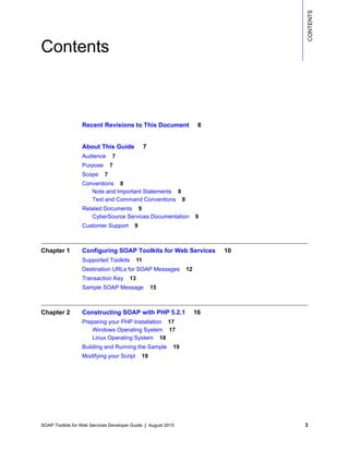SOAP Toolkits for Web Services Developer Guide | August 2015 3
CONTENTS
Contents
Recent Revisions to This Document 6
About This Guide 7
Audience 7
Purpose 7
Scope 7
Conventions 8
Note and Important Statements 8
Text and Command Conventions 8
Related Documents 9
CyberSource Services Documentation 9
Customer Support 9
Chapter 1 Configuring SOAP Toolkits for Web Services 10
Supported Toolkits 11
Destination URLs for SOAP Messages 12
Transaction Key 13
Sample SOAP Message 15
Chapter 2 Constructing SOAP with PHP 5.2.1 16
Preparing your PHP Installation 17
Windows Operating System 17
Linux Operating System 18
Building and Running the Sample 19
Modifying your Script 19
 