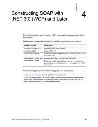 SOAP Toolkits for Web Services Developer Guide | August 2015 30
CHAPTER
4Constructing SOAP with
.NET 3.0 (WCF) and Later
This chapter describes how to construct SOAP messages to process transactions with
CyberSource.
Before starting, you need to download and install the required third-party software:
Test the client application with the following CyberSource sample code:
Software Tested Description
Windows XP Pro with SP2 Operating system version tested
Visual Studio 2005 Includes .NET 2.0
Microsoft Windows SDK Software Development Kit that contains necessary tools, such as
svcutil.exe
.NET Framework 3.0 and later
Redistributable Package
Includes the Windows Communication Foundation
Note After installing the software, make sure that you reboot
your computer to ensure that svcutil is recognized as a shell
command.
sample_wcf.cs provides the code to process your transactions.
To help you understand and use the code, the file contains many comments and a sample card
authorization. Before using the file, make sure that you understand each section and that you
replace the generic values of the variables with your own.
 
