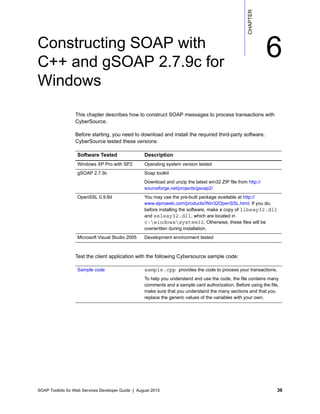 SOAP Toolkits for Web Services Developer Guide | August 2015 36
CHAPTER
6Constructing SOAP with
C++ and gSOAP 2.7.9c for
Windows
This chapter describes how to construct SOAP messages to process transactions with
CyberSource.
Before starting, you need to download and install the required third-party software.
CyberSource tested these versions:
Test the client application with the following Cybersource sample code:
Software Tested Description
Windows XP Pro with SP2 Operating system version tested
gSOAP 2.7.9c Soap toolkit
Download and unzip the latest win32 ZIP file from http://
sourceforge.net/projects/gsoap2/
OpenSSL 0.9.8d You may use the pre-built package available at http://
www.slproweb.com/products/Win32OpenSSL.html. If you do,
before installing the software, make a copy of libeay32.dll
and ssleay32.dll, which are located in
c:windowssystem32. Otherwise, these files will be
overwritten during installation.
Microsoft Visual Studio 2005 Development environment tested
Sample code sample.cpp provides the code to process your transactions.
To help you understand and use the code, the file contains many
comments and a sample card authorization. Before using the file,
make sure that you understand the many sections and that you
replace the generic values of the variables with your own.
 