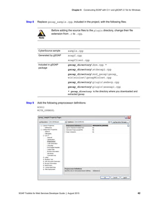 SOAP Toolkits for Web Services Developer Guide | August 2015 42
Chapter 6 Constructing SOAP with C++ and gSOAP 2.7.9c for Windows
Step 8 Replace gsoap_sample.cpp, included in the project, with the following files:
Step 9 Add the following preprocessor definitions:
WIN32
WITH_OPENSSL
Note
Before adding the source files to the plugin directory, change their file
extension from .c to .cpp.
CyberSource sample sample.cpp
Generated by gSOAP soapC.cpp
soapClient.cpp
Included in gSOAP
package
gsoap_directorydom.cpp *
gsoap_directorystdsoap2.cpp
gsoap_directorymod_gsoapgsoap_
winwininetgsoapWinInet.cpp
gsoap_directorypluginsmdevp.cpp
gsoap_directorypluginwsseapi.cpp
* gsoap_directory is the directory where you downloaded and
extracted gsoap
 