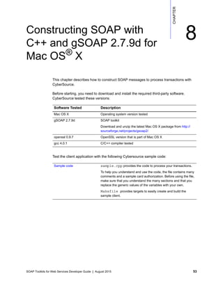 SOAP Toolkits for Web Services Developer Guide | August 2015 53
CHAPTER
8Constructing SOAP with
C++ and gSOAP 2.7.9d for
Mac OS®
X
This chapter describes how to construct SOAP messages to process transactions with
CyberSource.
Before starting, you need to download and install the required third-party software.
CyberSource tested these versions:
Test the client application with the following Cybersource sample code:
Software Tested Description
Mac OS X Operating system version tested
gSOAP 2.7.9d SOAP toolkit
Download and unzip the latest Mac OS X package from http://
sourceforge.net/projects/gsoap2/
openssl 0.9.7 OpenSSL version that is part of Mac OS X
gcc 4.0.1 C/C++ compiler tested
Sample code sample.cpp provides the code to process your transactions.
To help you understand and use the code, the file contains many
comments and a sample card authorization. Before using the file,
make sure that you understand the many sections and that you
replace the generic values of the variables with your own.
Makefile provides targets to easily create and build the
sample client.
 