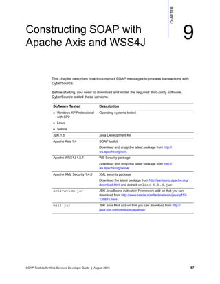 SOAP Toolkits for Web Services Developer Guide | August 2015 57
CHAPTER
9Constructing SOAP with
Apache Axis and WSS4J
This chapter describes how to construct SOAP messages to process transactions with
CyberSource.
Before starting, you need to download and install the required third-party software.
CyberSource tested these versions:
Software Tested Description
 Windows XP Professional
with SP2
 Linux
 Solaris
Operating systems tested
JDK 1.5 Java Development Kit
Apache Axis 1.4 SOAP toolkit
Download and unzip the latest package from http://
ws.apache.org/axis
Apache WSS4J 1.5.1 WS-Security package
Download and unzip the latest package from http://
ws.apache.org/wss4j
Apache XML Security 1.4.0 XML security package
Download the latest package from http://santuario.apache.org/
download.html and extract xmlsec-N.N.N.jar
activation.jar JDK JavaBeans Activation Framework add-on that you can
download from http://www.oracle.com/technetwork/java/jaf11-
139815.html
mail.jar JDK Java Mail add-on that you can download from http://
java.sun.com/products/javamail/
 