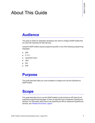 SOAP Toolkits for Web Services Developer Guide | August 2015 7
ABOUTGUIDE
About This Guide
Audience
This guide is written for application developers who want to configure SOAP toolkits that
are used with CyberSource Web Services.
Using the SOAP toolkits requires programming skills in one of the following programming
languages:
 ASP
 C, C++
 Java/Cold Fusion
 .NET
 Perl
 PHP
Purpose
This guide describes tasks you must complete to configure and use the CyberSource
SOAP toolkits.
Scope
This guide describes how to use the SOAP toolkits to build and test an API client for all
supported programming languages. It does not describe how to implement CyberSource
services. For information about how to use CyberSource APIs to implement CyberSource
services, see "Related Documents," page 9.
 