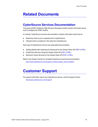 SOAP Toolkits for Web Services Developer Guide | August 2015 9
About This Guide
Related Documents
CyberSource Services Documentation
This guide (SOAP Toolkits for Web Services Developer Guide) contains information about
how to configure the SOAP toolkits.
In contrast, CyberSource services documentation contains information about how to:
 Determine what to put in requests sent to CyberSource.
 Interpret what is contained in the reply from CyberSource.
Each type of CyberSource service has associated documentation:
 Getting Started with CyberSource Advanced for the Simple Order API (PDF | HTML)
 Credit Card Services Using the Simple Order API (PDF | HTML)
 Electronic Check Services for the Simple Order API (PDF | HTML)
Refer to the Support Center for complete CyberSource technical documentation:
http://www.cybersource.com/support_center/support_documentation
Customer Support
For support information about any CyberSource service, visit the Support Center:
http://www.cybersource.com/support
 